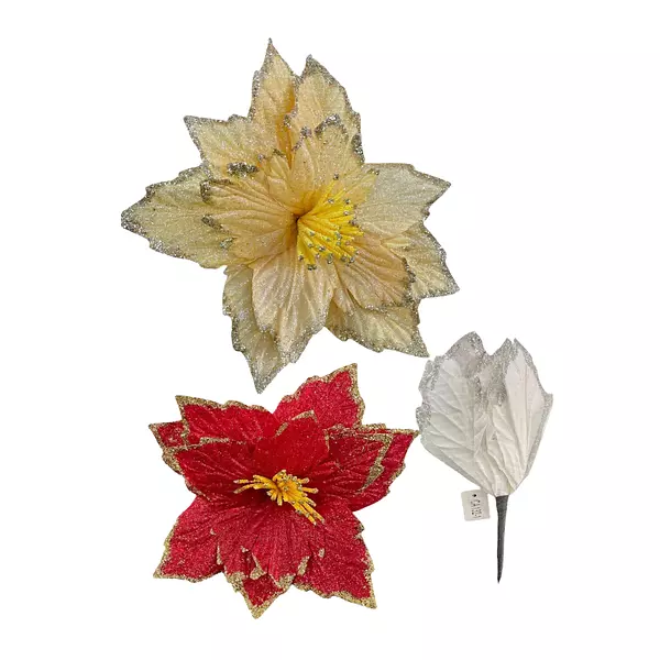 Flor Dorada Y Roja Escarchada Artificial